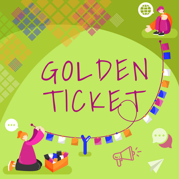 Conceptual display Golden Ticket, Business overview Rain Check Access VIP Passport Box Office Seat Event Sitting Woman Talking And Putting Important Notes On String. - Photo, Image