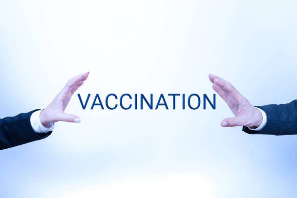 Inspiration showing sign Vaccination, Business approach Treatment which makes the body stronger against infection Important Information Presented Between Business Team Hands. - Foto, imagen
