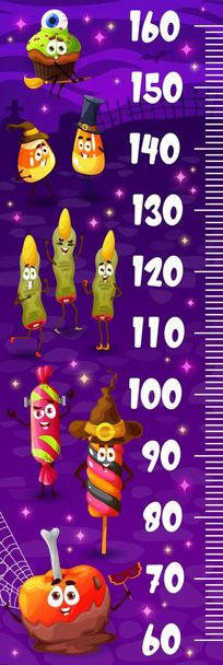 Kids height chart. Cartoon Halloween candy characters on cemetery vector growth measure meter. Height chart with ruler scale and cute trick or treat sweets, pumpkin cupcake, lollipops, finger cookie - Vecteur, image