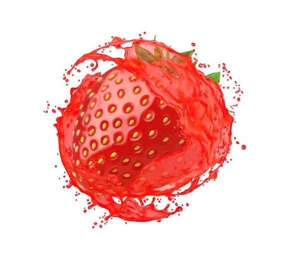 Ripe raw strawberry with juice splash. Fresh drink spill or swirl with bubbles, juicy beverage realistic vector whirl or splash. Isolated summer drink with strawberry juice splash falling ripples - Vektor, obrázek
