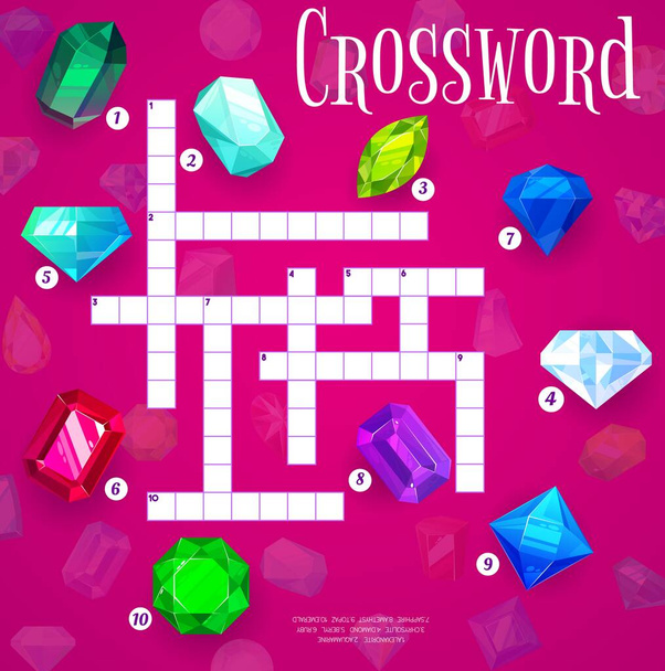 Gems, jewels and crystals crossword grid worksheet. Find a word quiz game with precious stones and minerals. Kids education vector puzzle in background frame of diamond, sapphire, amethyst and topaz - Vector, Image