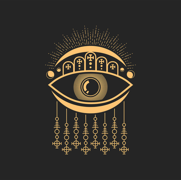 Egypt eye occult sign, Egyptian cross, moon isolated mason and magic tarot sign. Vector mystery esoteric symbol, tattoo design element - Vetor, Imagem