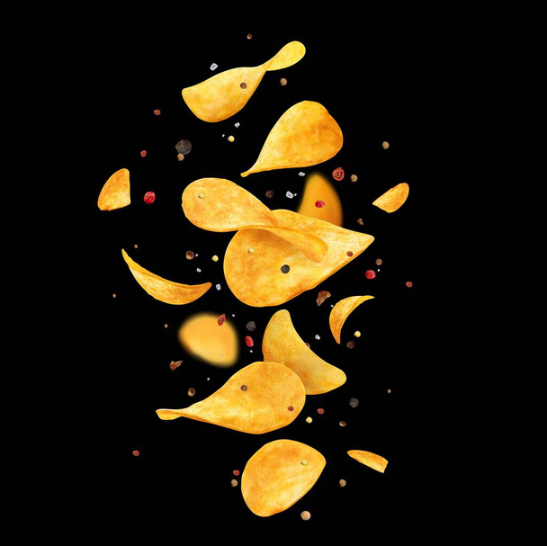 Falling crispy wavy potato chips, herbs and spices. Flying with black and red pepper salty crunchy potato chips, junk food snack realistic vector background. Falling cheese flavored chips with spices - Vektor, kép