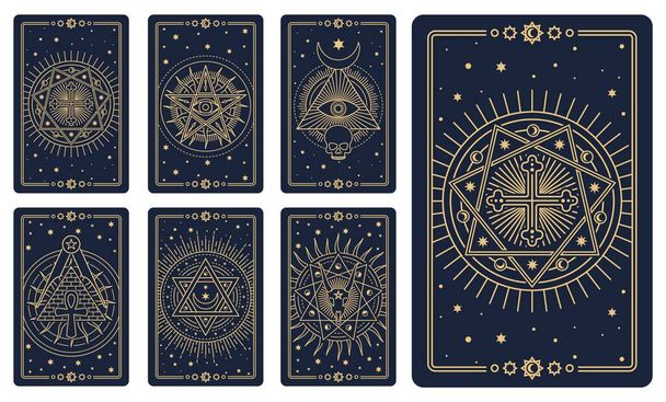 Tarot cards. Astrology arcana cards or occult ritual tattoo set. Tarot cards for divination or cartomancy with esoteric mason vector signs, line vector occult and magic symbols, satan pentagrams - Vettoriali, immagini