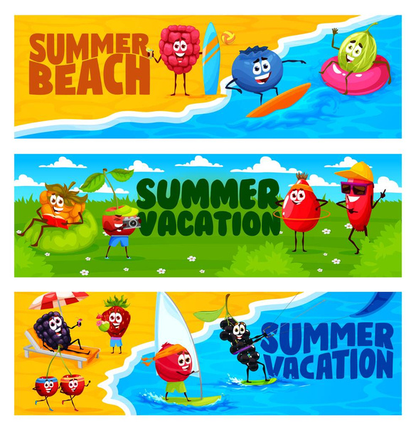 Cartoon berry characters on summer vacation and beach. Kids vector banner with raspberry, blueberry and cherry, dogwood, blackberry and strawberry, cowberry, blackcurrant and elderberry personages - Vektör, Görsel