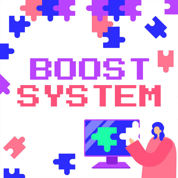 Text showing inspiration Boost System, Business overview Rejuvenate Upgrade Strengthen Be Healthier Holistic approach Lady Holding Puzzle Piece Representing Innovative Problem Solving Ideas. - Zdjęcie, obraz