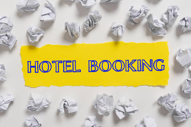 Text sign showing Hotel Booking, Internet Concept Online Reservations Presidential Suite De Luxe Hospitality Crumpled Notes Placed All Over Written Important Informations On Paper. - Fotó, kép