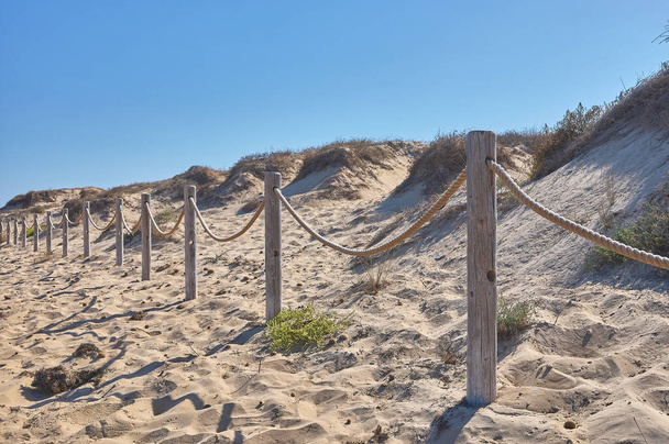 detail of a barrier or railing of ropes and stakes on a beach separating the dunes - Valokuva, kuva
