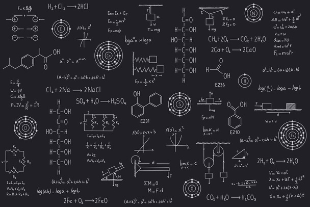 Υπολογιστικές εξισώσεις, άλγεβρα, οργανική χημεία, χημικές αντιδράσεις, χημικά στοιχεία, φυσική, ευθύγραμμη κίνηση, στατικές, ηλεκτρομαγνητισμός, δύναμη τριβής, ενέργεια, με φόντο μαύρο μαυροπίνακα - Διάνυσμα, εικόνα