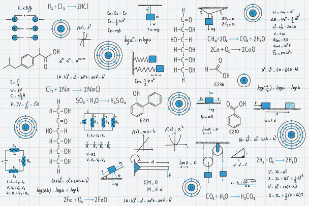 Υπολογιστικές εξισώσεις, άλγεβρα, οργανική χημεία, χημικές αντιδράσεις, χημικά στοιχεία, φυσική, ευθύγραμμη κίνηση, στατικές, ηλεκτρομαγνητισμός, δύναμη τριβής, ενέργεια, με φόντο φύλλο πλέγματος - Διάνυσμα, εικόνα