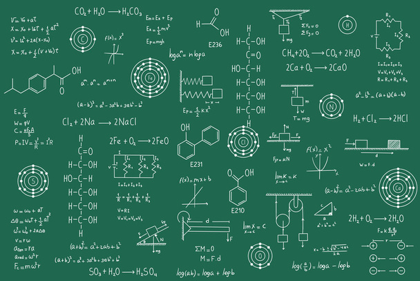 Calculus equations, algebra, organic chemistry, chemical reactions, chemical elements, physics, rectilinear motion, statics, electromagnetism, friction force, energy, with green chalkboard background - Vektor, obrázek