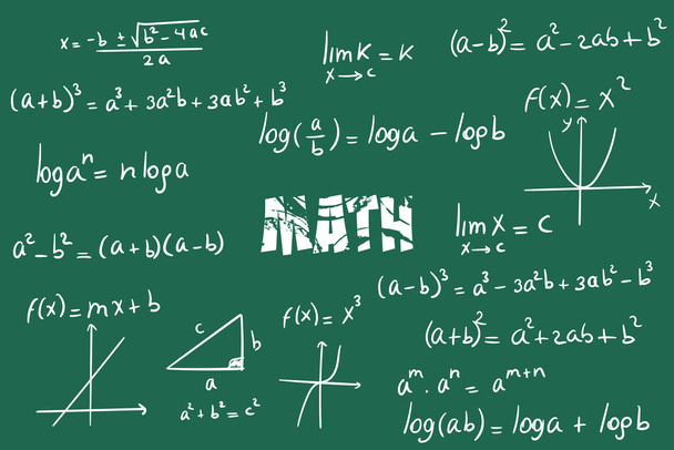 Math exercises, formulas and equations for calculus, algebra on green chalkboard background - Vector, imagen