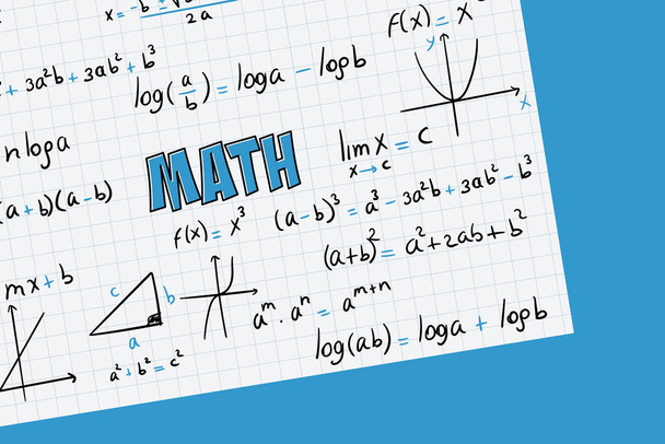 Math exercises, formulas and equations for calculus, algebra with grid sheet and blue background - Vector, Imagen