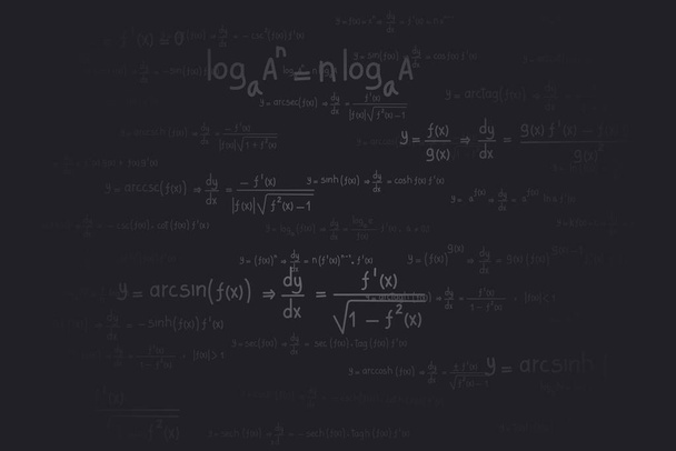 Logarithmic, derivative, trigonometric, logarithmic, hyperbolic and inverse equations and formulas on a black background - ベクター画像