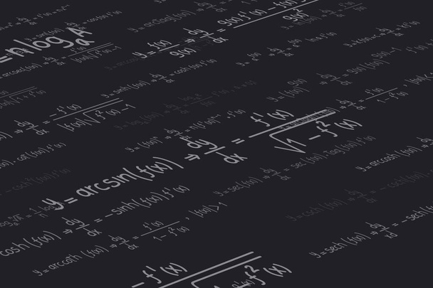 Логарифмические, производные, тригонометрические, логарифмические, гиперболические и обратные уравнения и формулы на черном фоне в перспективе - Вектор,изображение
