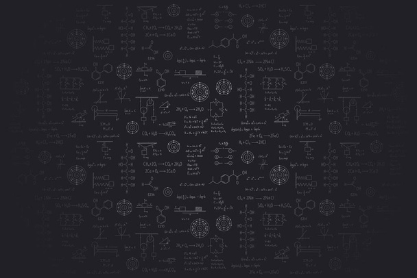 Calculus equations, algebra, organic chemistry, chemical reactions, chemical elements, physics, rectilinear motion, statics, electromagnetism, friction force, energy, on a black background - Wektor, obraz