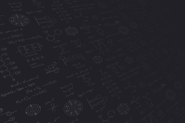 Calculus equations, algebra, organic chemistry, chemical reactions, chemical elements, physics, rectilinear motion, electromagnetism, energy on a black science and engineering background - Vecteur, image