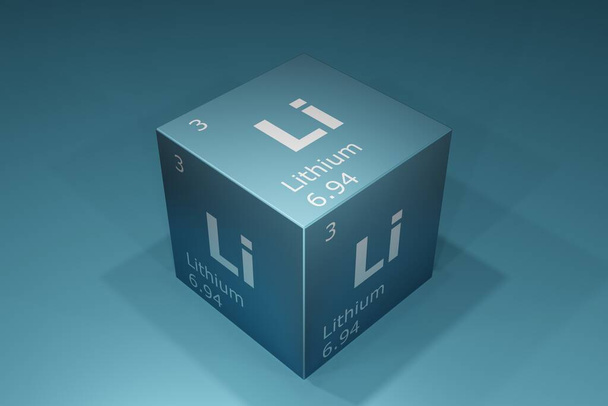 Lithium, 3D rendering of symbols of the elements of the periodic table, atomic number, atomic weight, name and symbol. Education, science and technology. 3D illustration - Photo, Image