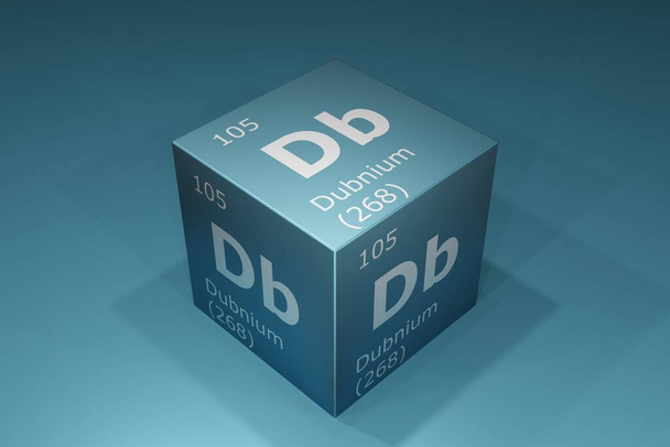 Dubnium, 3D rendering of symbols of the elements of the periodic table, atomic number, atomic weight, name and symbol. Education, science and technology. 3D illustration - Fotografie, Obrázek