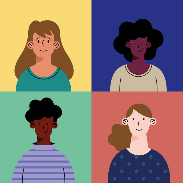 τέσσερις διαφυλετικούς χαρακτήρες ομάδας ατόμων - Διάνυσμα, εικόνα