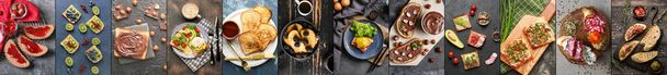 Collage of tasty toasts with jam, fruits, chocolate paste, honey, sausages, mushrooms and vegetables on dark background - Fotografie, Obrázek