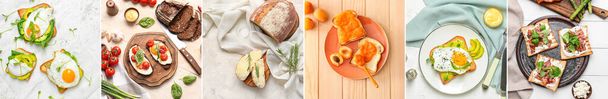 Set of tasty toasts with bacon, cheese, eggs, vegetables and jam on light background, top view - Zdjęcie, obraz