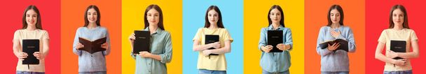 Σύνολο της νεαρής γυναίκας με τη Βίβλο στο φόντο χρώμα - Φωτογραφία, εικόνα