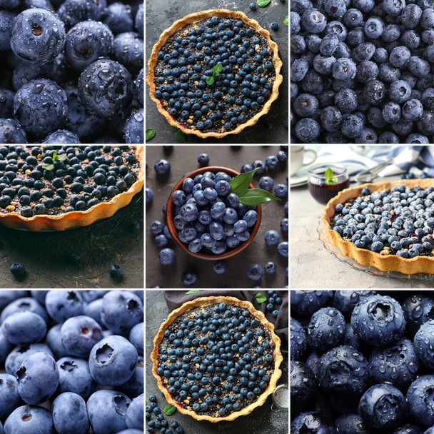 Collage of sweet tart and ripe blueberries - Valokuva, kuva
