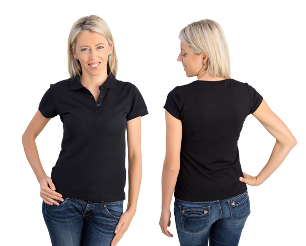 Frau trägt schwarzes Poloshirt, Vorder- und Rückansicht - Foto, Bild