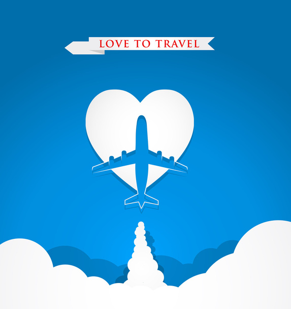 Αγάπη έννοια ταξίδι με αεροπλάνο σε σχήμα καρδιάς σε μπλε φόντο - Διάνυσμα, εικόνα