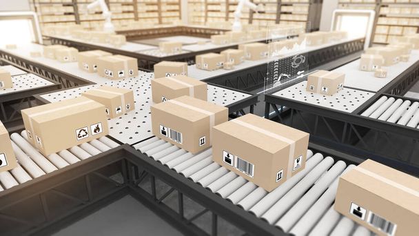 Use technology in rail systems in warehouses, warehousing and packaging, Auto-Trailing Systems and Products,3d rendering. - 写真・画像
