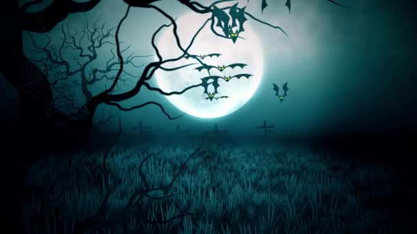 Abstract 4K Animation Night With Moon Flying Bats In a Graveyard Cemetery Halloween Background. - Video