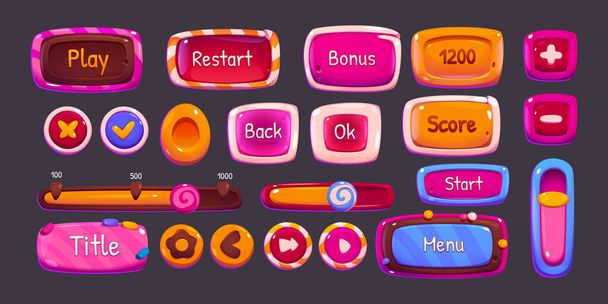 Glossy game buttons, boards and bars with candy and chocolate texture. Vector cartoon set of sweet game ui elements, menu, play, score buttons, check and cross marks, sliders - Vector, afbeelding