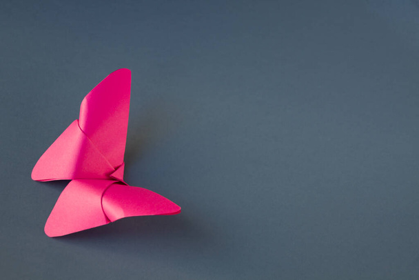 Pembe kağıt kelebeği origamisi boş gri bir arkaplanda izole edilmiş.. - Fotoğraf, Görsel