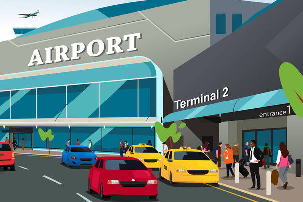 A vector illustration of Traveling People Outside of an Airport  - Vektor, kép