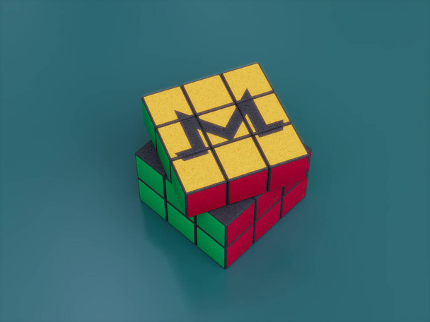 MoneroCrypto Letter M Rubiks κύβος παζλ επίλυση παιχνίδι λογικής Δύσκολο 3D Εικονογράφηση - Φωτογραφία, εικόνα