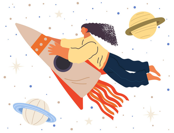 Astronaut woman flying among planets in dreams. Lady dressed as spaceman dreams about space. Girl with self made jetpack flying to sky. Person in costume of space explorer - Вектор, зображення
