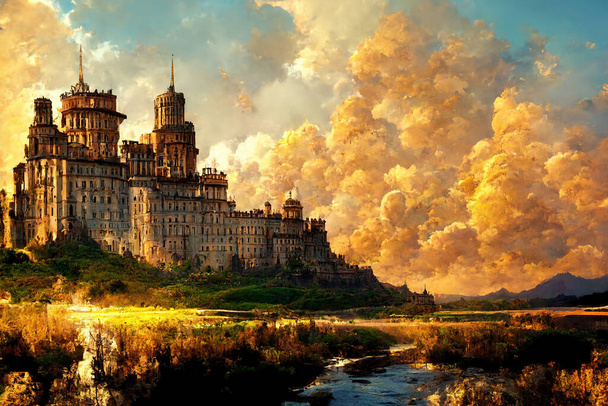 Фантастическая картина замка на фоне золотого неба. - Фото, изображение