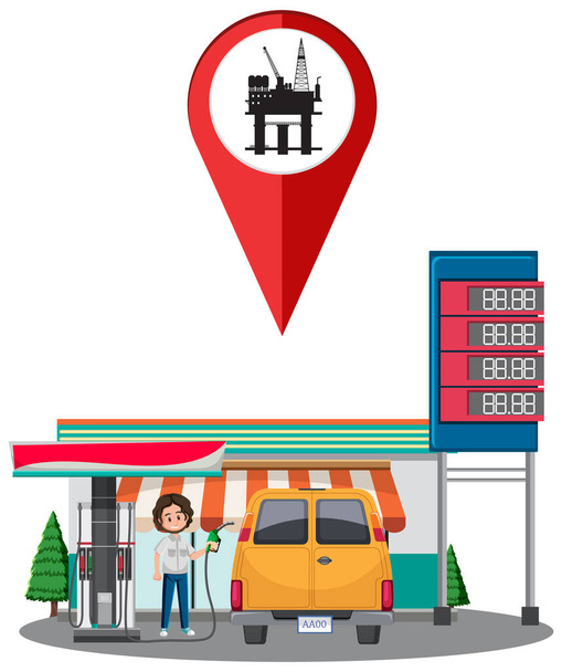 Benzinestation met benzinepomp illustratie - Vector, afbeelding