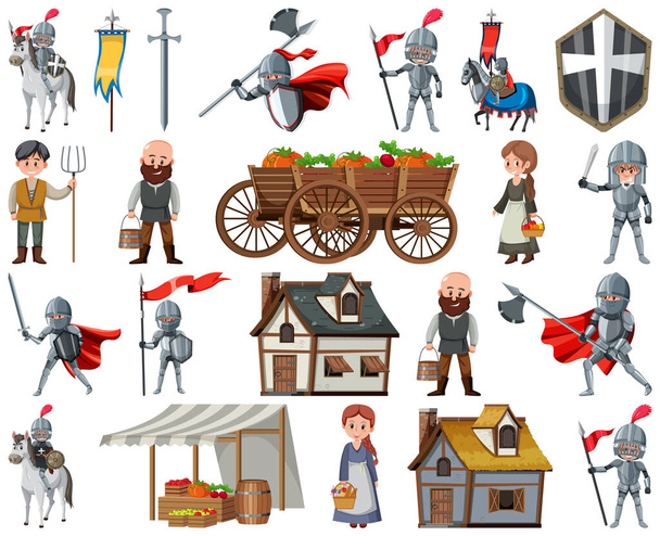 Medieval cartoon characters and objects illustration - Vecteur, image