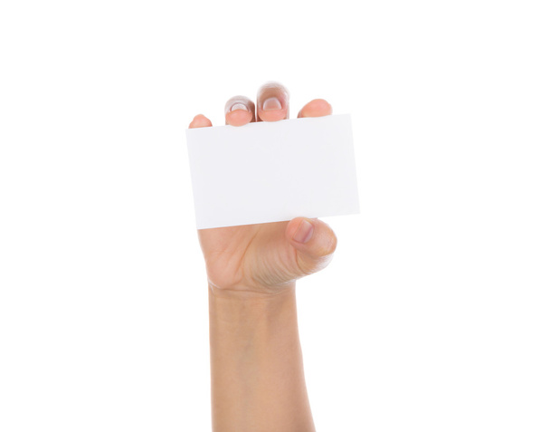 kadın eli boş kağıt üzerinde beyaz b izole kart tutan - Fotoğraf, Görsel