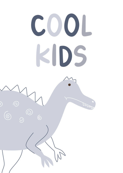 Childish poster with cute dinosaur Irritator and text cool kids. Vector illustration for kids birthday greeting card - Вектор, зображення