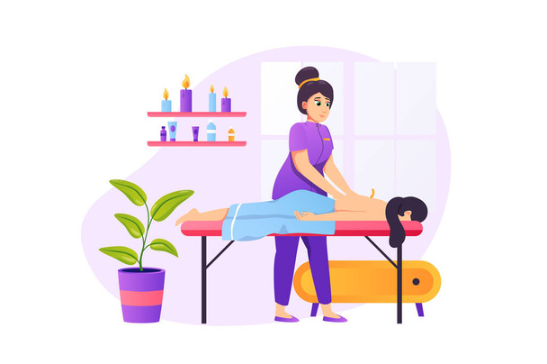 Spa salon concept in flat style with people scene. Masseuse makes back massage to client. Woman lying on couch receiving body treatment and candlelight aromatherapy. Vector illustration for web design - Vektor, kép