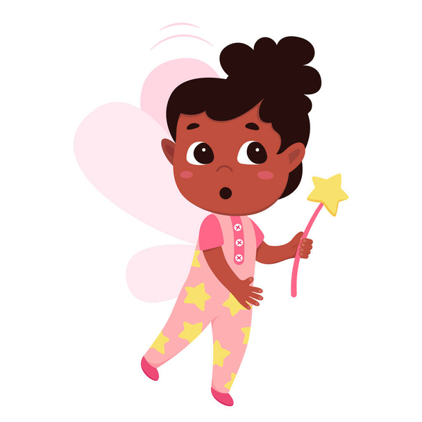 Tooth fairy flying vector illustration. Cartoon isolated little godmother character visiting baby for medical dental care, funny child princess with butterfly wings holding magic wand with star - Vektori, kuva