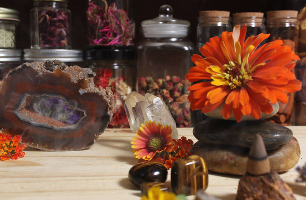 Agatized Coral With Quartz Crystals and Flowers on Meditation Altar - Foto, Imagen