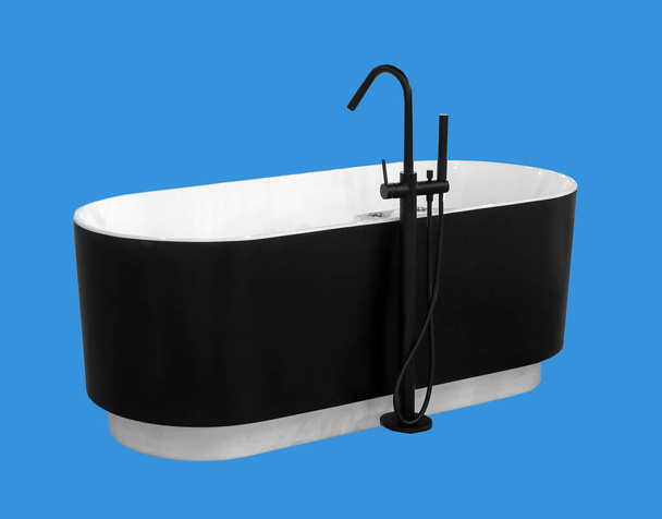 Современная ванна с краном на синем фоне - Фото, изображение