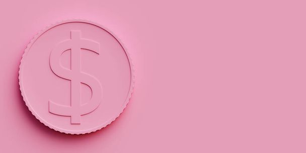 Монохромная сцена монеты на розовом фоне с копировальным пространством для женского успеха в бизнесе. 3d-рендеринг. - Фото, изображение