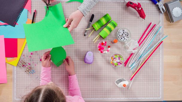 Flat lay. Kids papercraft. Making paper bugs out of the empty toilet paper rolls and construction paper. - Foto, afbeelding