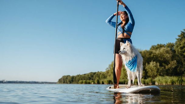 Happy Young Woman Enjoying Life on the Lake at Early Morning Standing on Sup Board with Her Dog Snow-White Japanese Spitz - Photo, image