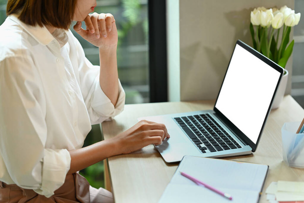 Female freelancer working online, reading online information on her laptop computer. - 写真・画像